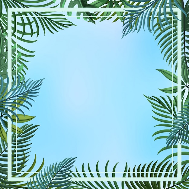 Border template with green leaves on blue background