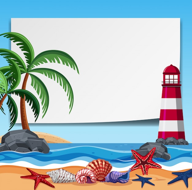 Vector border template with lighthouse and shells