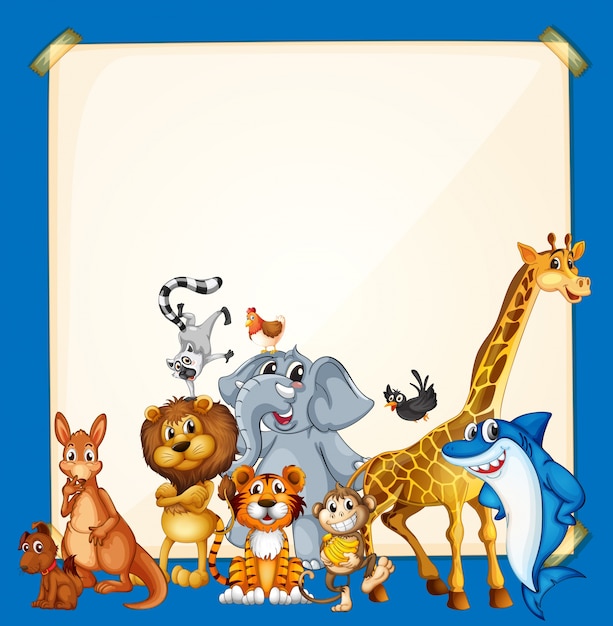 Border template with wild animals on blue background