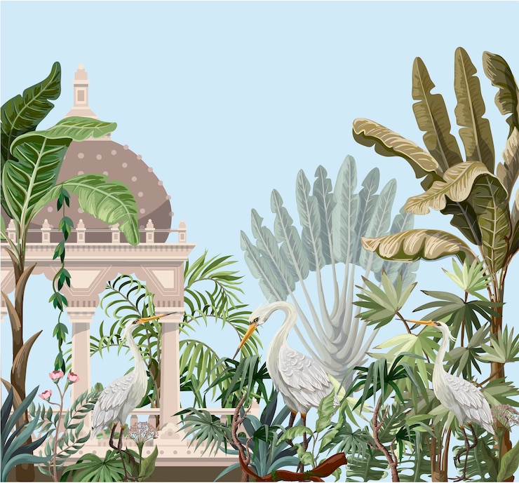 Vector border with ancient arbor and herons in the jungle vector