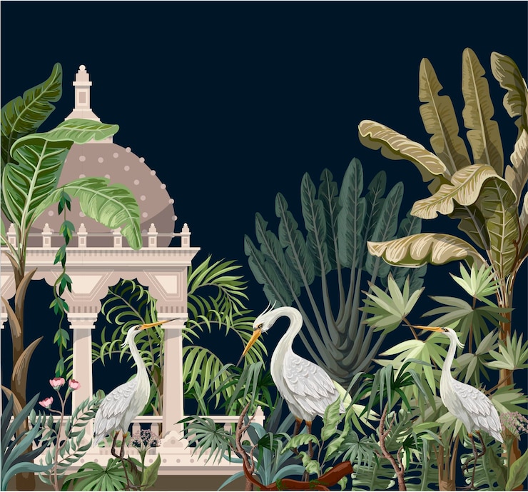 Vector border with ancient arbor and herons in the jungle vector
