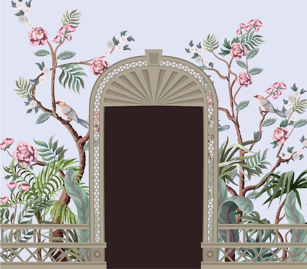 Border with peonyl trees bird and door openings in chinoiserie style trendy interior print