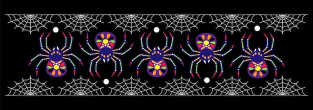 Vector border with spiders and spiderweb.