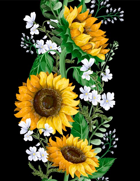 Border with Sunflowers bouquet and wild flower Vector illustration