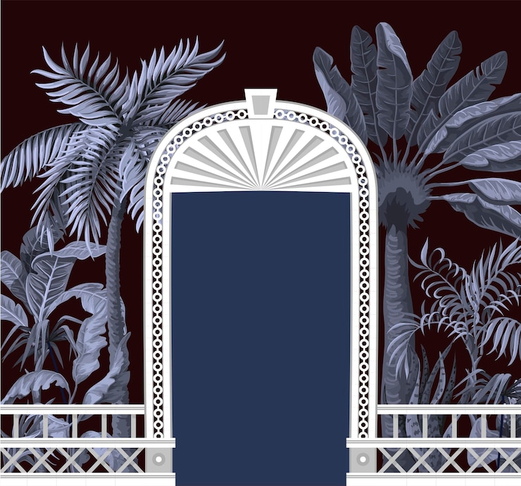 Vector border with tropical trees and door openings in a garden style trendy interior print