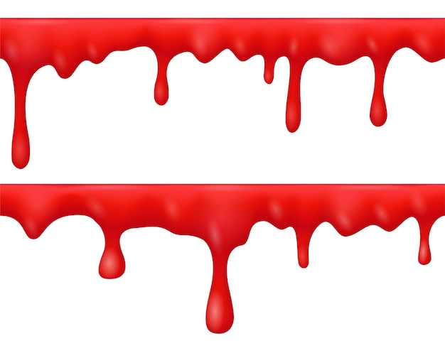 Vector borders of dripping blood, liquid red paint, sauce or ketchup isolated on transparent background. vector realistic set of bloody spill, flows of gore with drops. scary seamless pattern for halloween