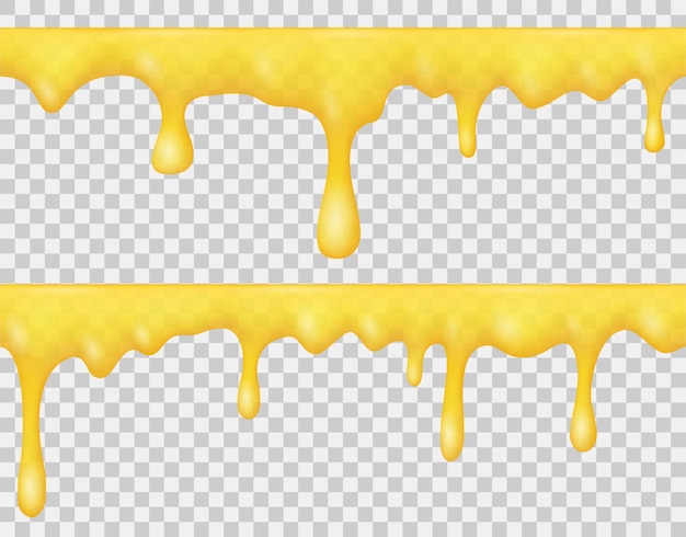 Vector borders of dripping liquid honey, syrup or yellow caramel isolated on transparent background. vector realistic set of melting golden honey, sauce or sweet cream. seamless pattern of flowing drops