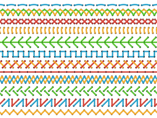 Borduursteken Kleur decoratieve naden naadloze randen etnisch naaien rijen lijnen patroon naaldwerk en ornamenten textiel en stof decoratie vector geïsoleerde set