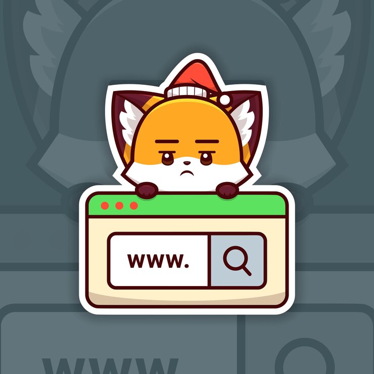 Vector bored christmas fox holding a web search icon sticker design vector web developer sticker