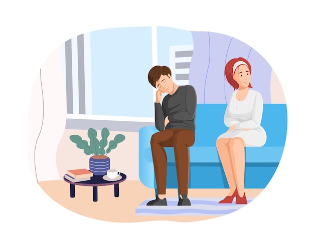 Bored couple sitting on sofa in living room