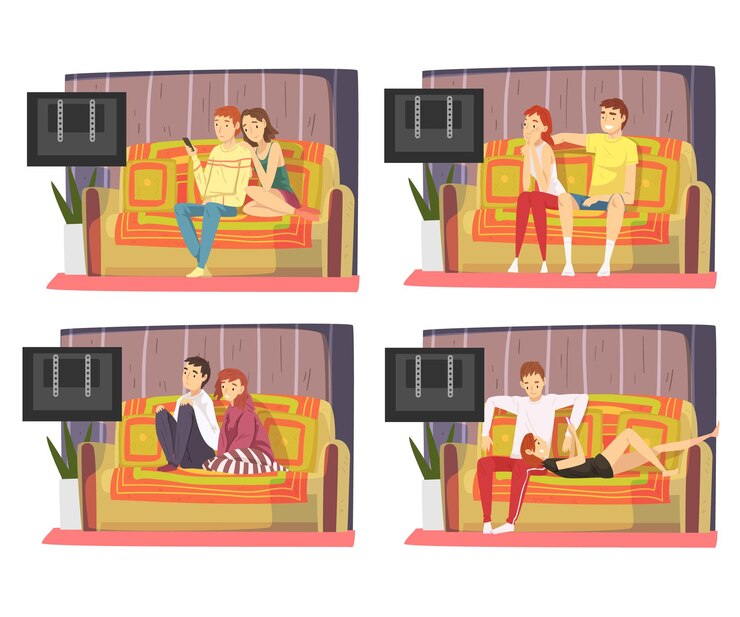 Vector bored couples sitting on couch and watching tv set men and women spending time together at home