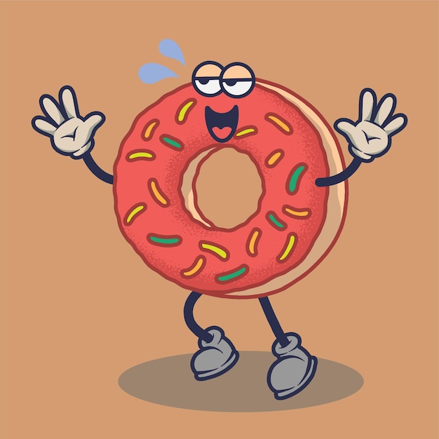 Bored Donuts with happy face expression sticker. Cartoon sticker in comic style with contour.