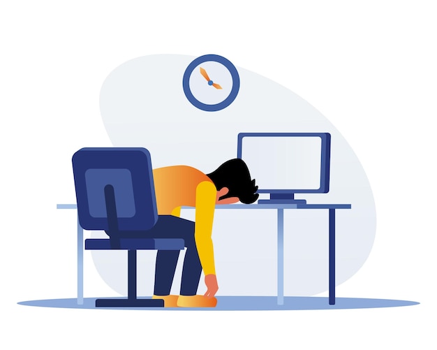 ベクトル コンピューターの机で眠っている退屈な男締め切りコンセプトたくさんの仕事を持つオフィスのキャラクター従業員は職場でストレスを感じていますベクトルイラスト