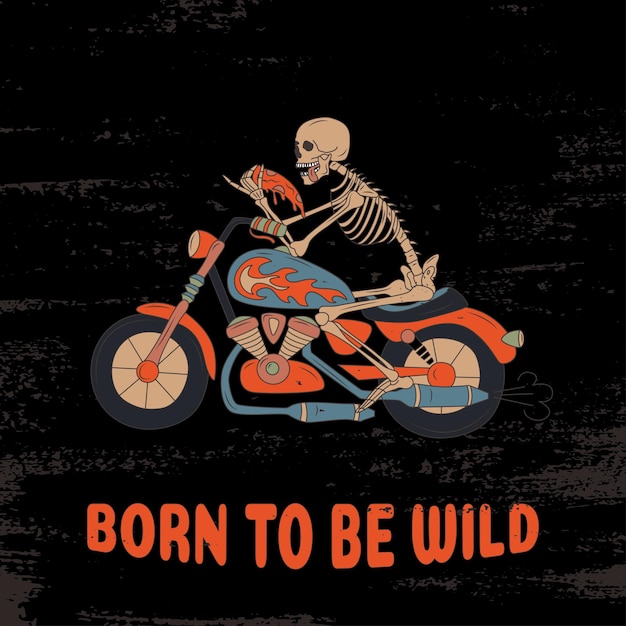 Вектор Рожденный быть диким скелет на мотоцикле с куском пиццы плоская векторная иллюстрация гранж