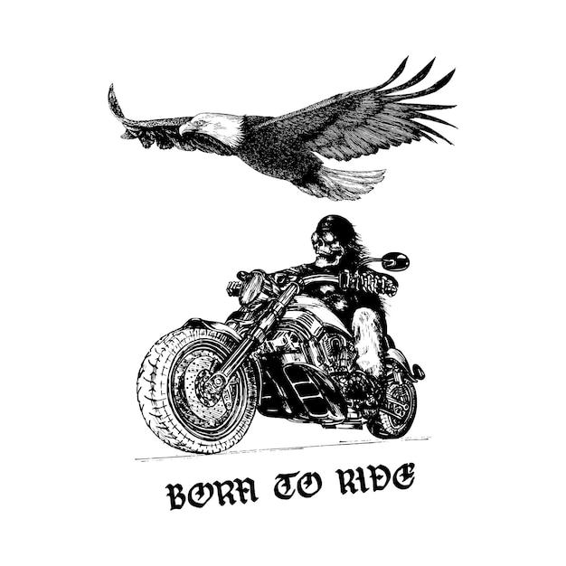 벡터 벡터 빈티지 포스터에 born to ride 손으로 쓴 문구 해골 바이커와 독수리 손으로 그린 그림