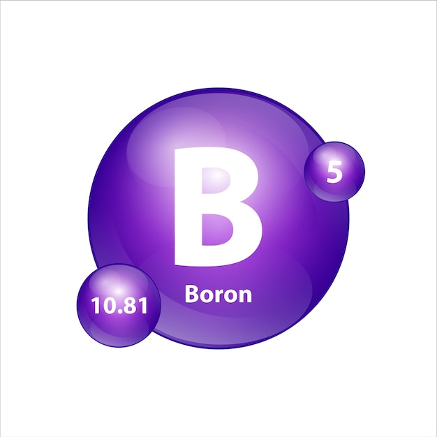 Boron (B) icon structure chemical element round shape circle purple with atomic number five.