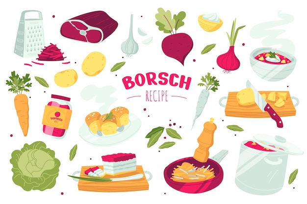 Borscht elements flat icons set Ukrainian red soup recipe Organic ingredients Potatoes beetroot meat onion carrot and cabbage Garlic buns lard with green onion Color isolated illustrations