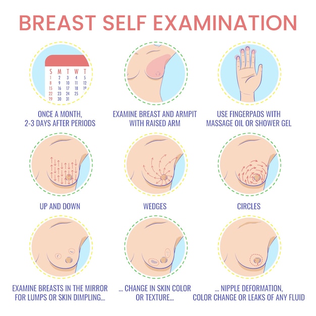 Borst zelfonderzoek stap-voor-stap instructie. borstkanker maandelijkse examen infographics. symptomen van borsttumor. leuke gekleurde stijl. vector illustratie.