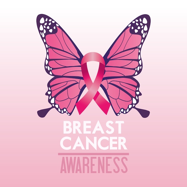 Borstkanker bewustzijn maand campagne poster met lint roze en vlinder