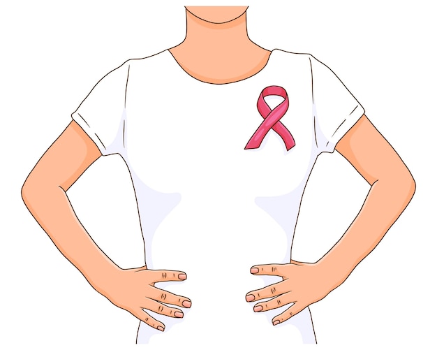 Vector borstkanker bewustzijn maand vrouw draagt roze lint over witte t-shirt ondersteuning of trotse overlevende concept vector illustratie realistische stijl