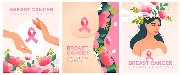 Borstkanker maand met een roze lint. Internationale Borstkankerdag. Vector ansichtkaarten