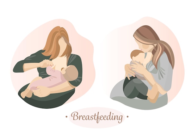 Borstvoedingsillustratiereeks, moeder die een baby met borst voedt. Vector pastel, vlakke afbeelding.