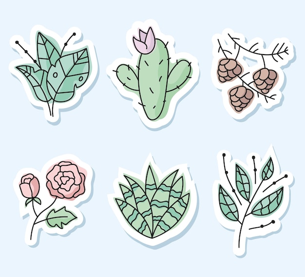 Bos bloemen bloemen stickers geïsoleerd ontwerp element set grafisch ontwerp illustratie