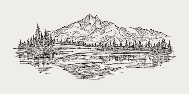 Bos en bergen worden weerspiegeld in de vectorschets potloodtekening van het vignet van het meer