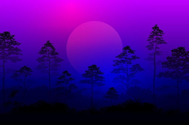 Bos in het nachtzicht met maanbomen en paarse en blauwe lucht