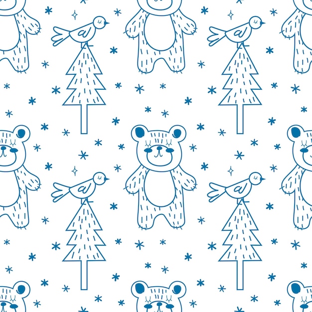 Bos naadloos patroon met schattige lijn dieren beer en vogel Vector illustratie Scandinavische stijl plat ontwerp Concept voor kinderen textiel print poster kaart EPS