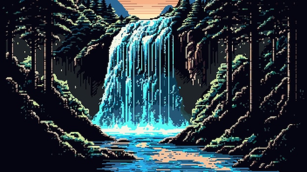 Vector bos waterval cascade landschap ai gegenereerde 8bit pixel spelscène vector cartoon natuur landschap waterval cascade van rivier- of meerwater van bergrots of stromend van heuvelklif in alpen