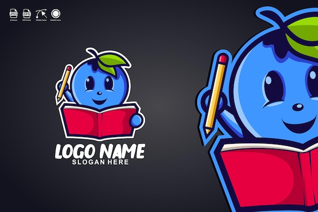 bosbes lees boek schattig mascotte karakter logo ontwerp