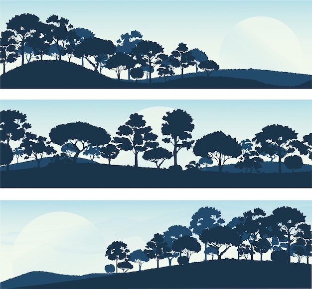 Vector bosbomen silhouetten, bos landschap sjabloon banner