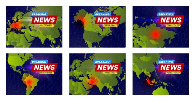 Bosbranden krantenkop concept branden plaatsen op wereldkaart banner ontwerpsjabloon voor nieuws