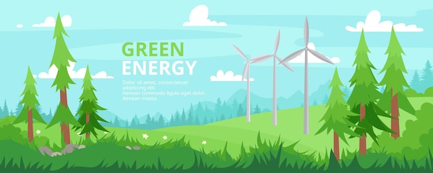 Boslandschap banner. Windturbines. Industrieel groen energieconcept. Vector illustratie