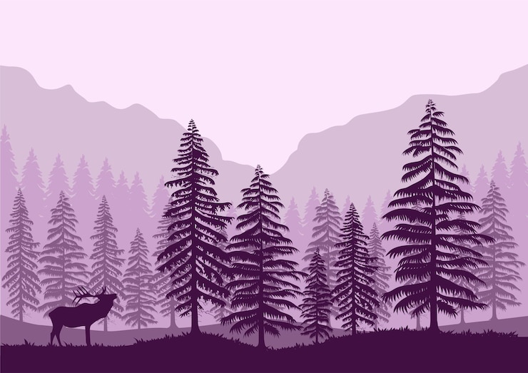 Vector boslandschap en herten vectorillustratie met een paars silhouet