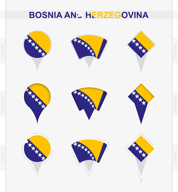 Bosnia and Herzegovina flag set of location pin icons of Bosnia and Herzegovina flag