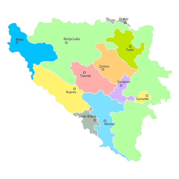 Sfondo della mappa della bosnia-erzegovina con nomi di regioni e città a colori mappa vettoriale