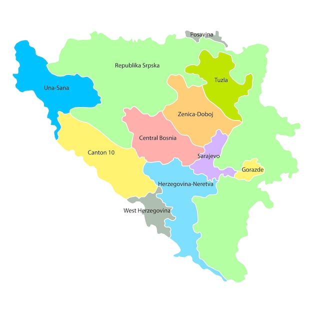 Sfondo della mappa della bosnia-erzegovina con nomi di regioni e città a colori mappa vettoriale