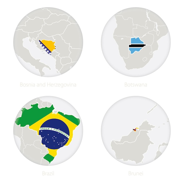 Bosnië en Herzegovina, Botswana, Brazilië, Brunei kaart contour en nationale vlag in een cirkel. Vectorillustratie.