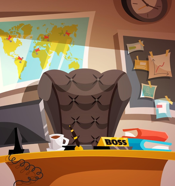 Vector boss business workplace with a map