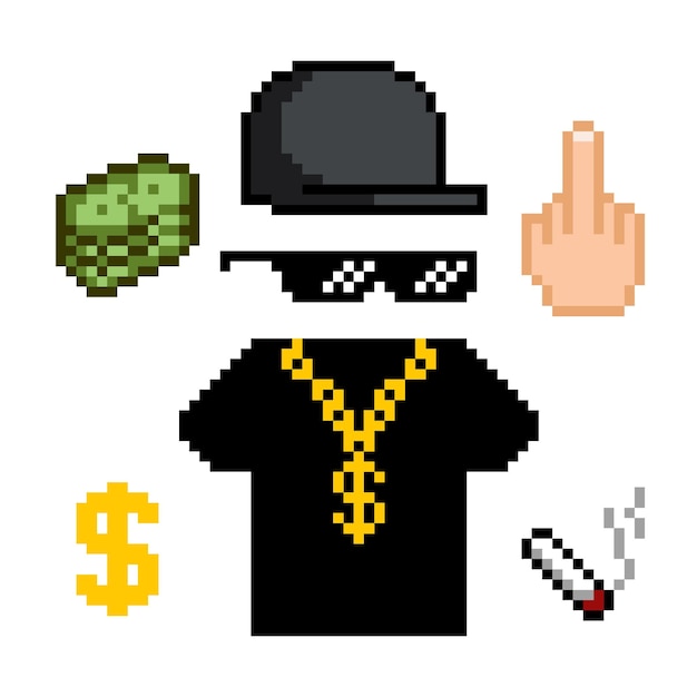 Boss or gangster pixelated sunglasses, gold chain, cap and cigarette, cash. thug attributes. vector