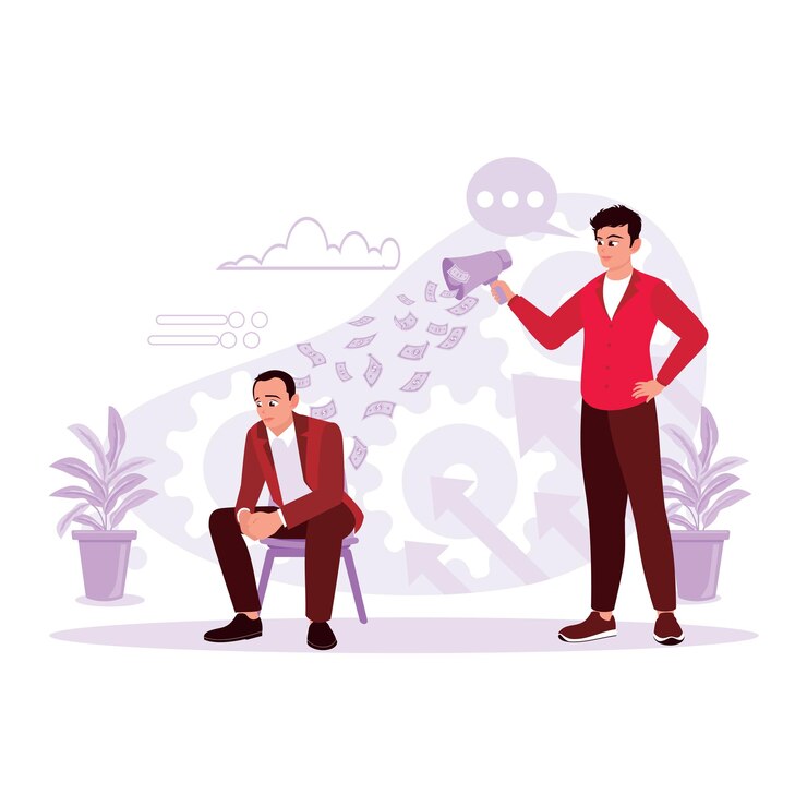Vector the boss screams at his employees over the loudspeaker and spouts money trend modern vector flat
