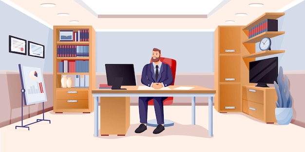 Vector boss sitting in business office happy executive or ceo of company working at desk computer