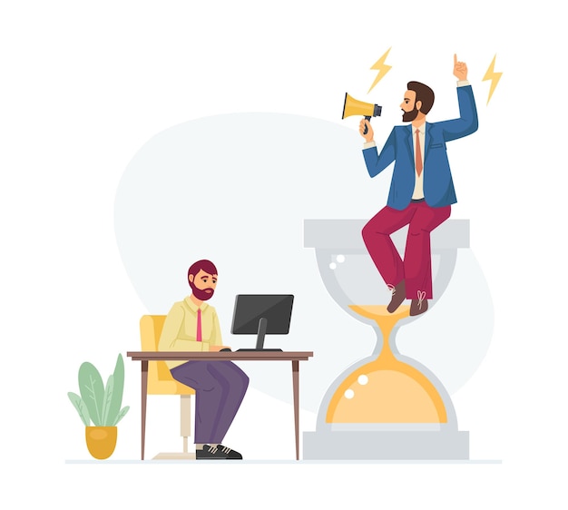 Boss sitting on an hourglass with loudspeaker helps workers increase productivity cartoon vector