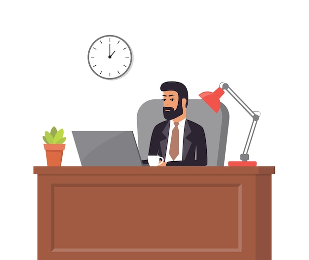 Vector boss in suit working on laptop man in office table chair potted plant clock and lamp office interior vector illustration