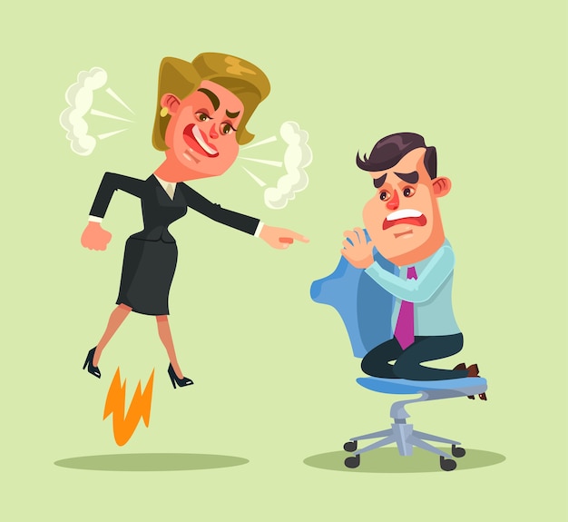 Boss woman character yells at employee man.  flat cartoon illustration