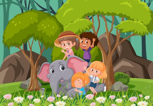 Bosscène met kinderen die met een olifant spelen