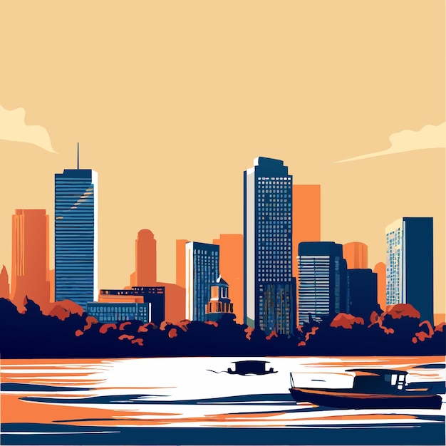 Vector boston skyline over river vector illustration