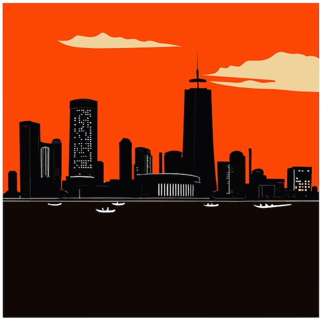 Vector boston skyline over river vector illustration